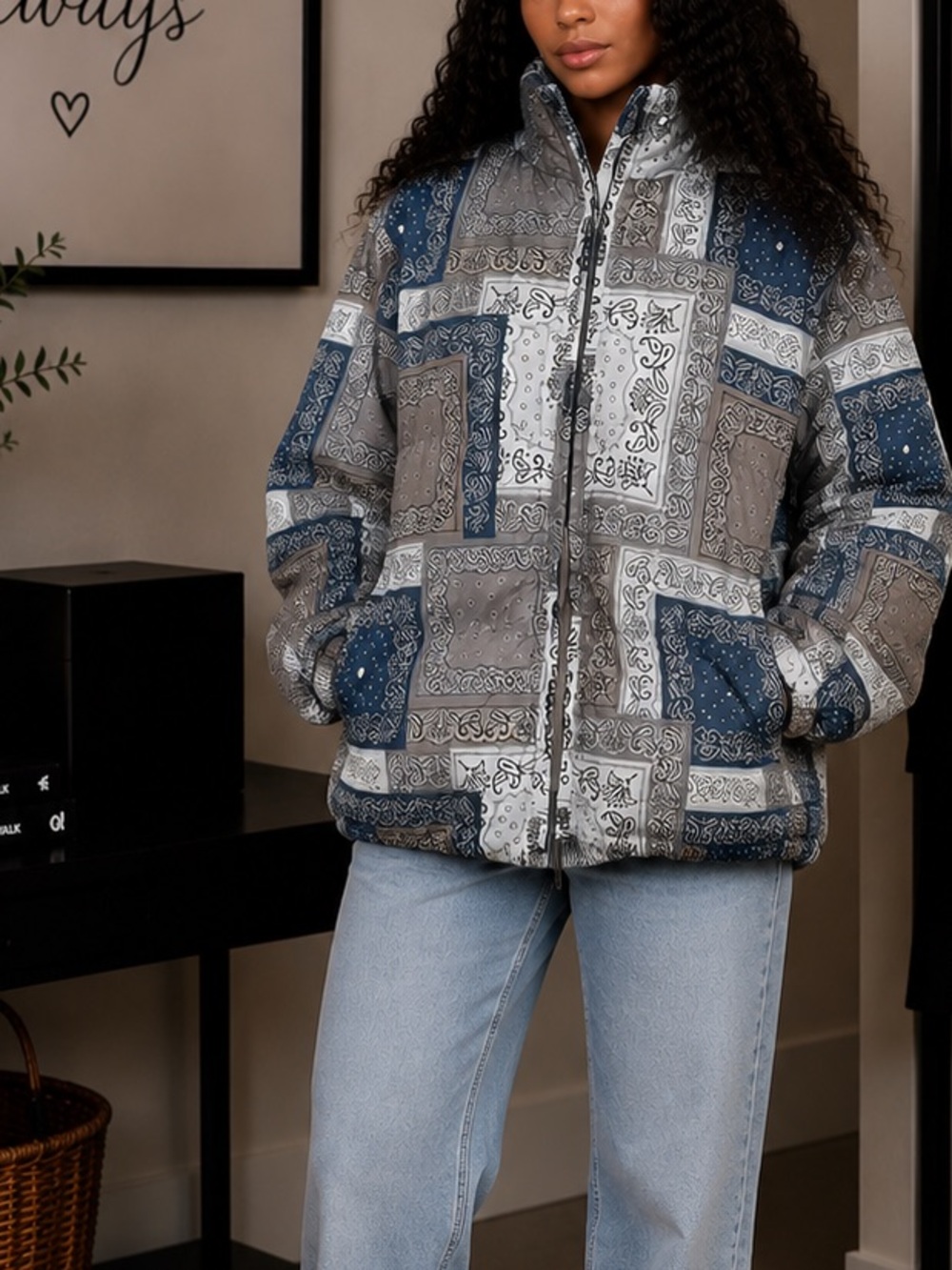 PacSun Bandana Print Puffer Jacket - Black and Gray. S